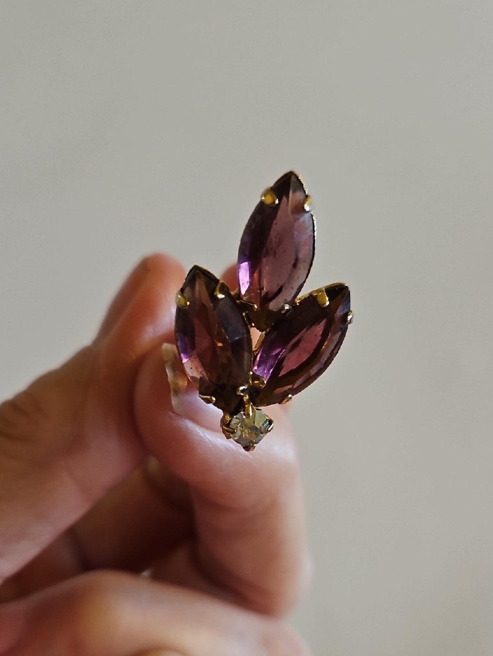 Vintage Purple and Clear Rhinestone Marquise Cluster Clip On Earrings - Picture 3 of 5